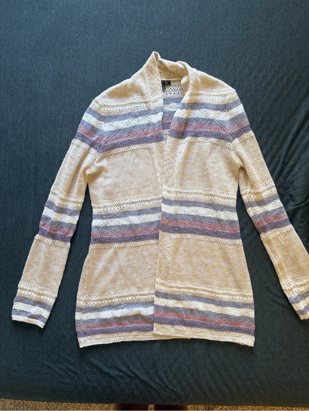 Light Cream Open-Front Cardigan with Pastel Stripe Accents